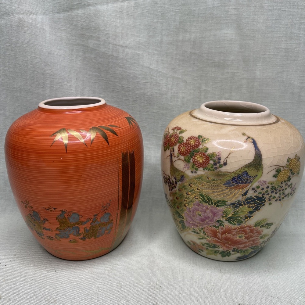 Vintage Asian Porcelain Vase Lot (2) – Peacock Floral & Orange Japan Design
